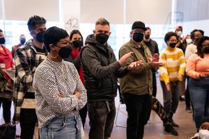 Hair, Make-Up, and Wig Designer Mia Neal with members of the company
of 1776 Photo