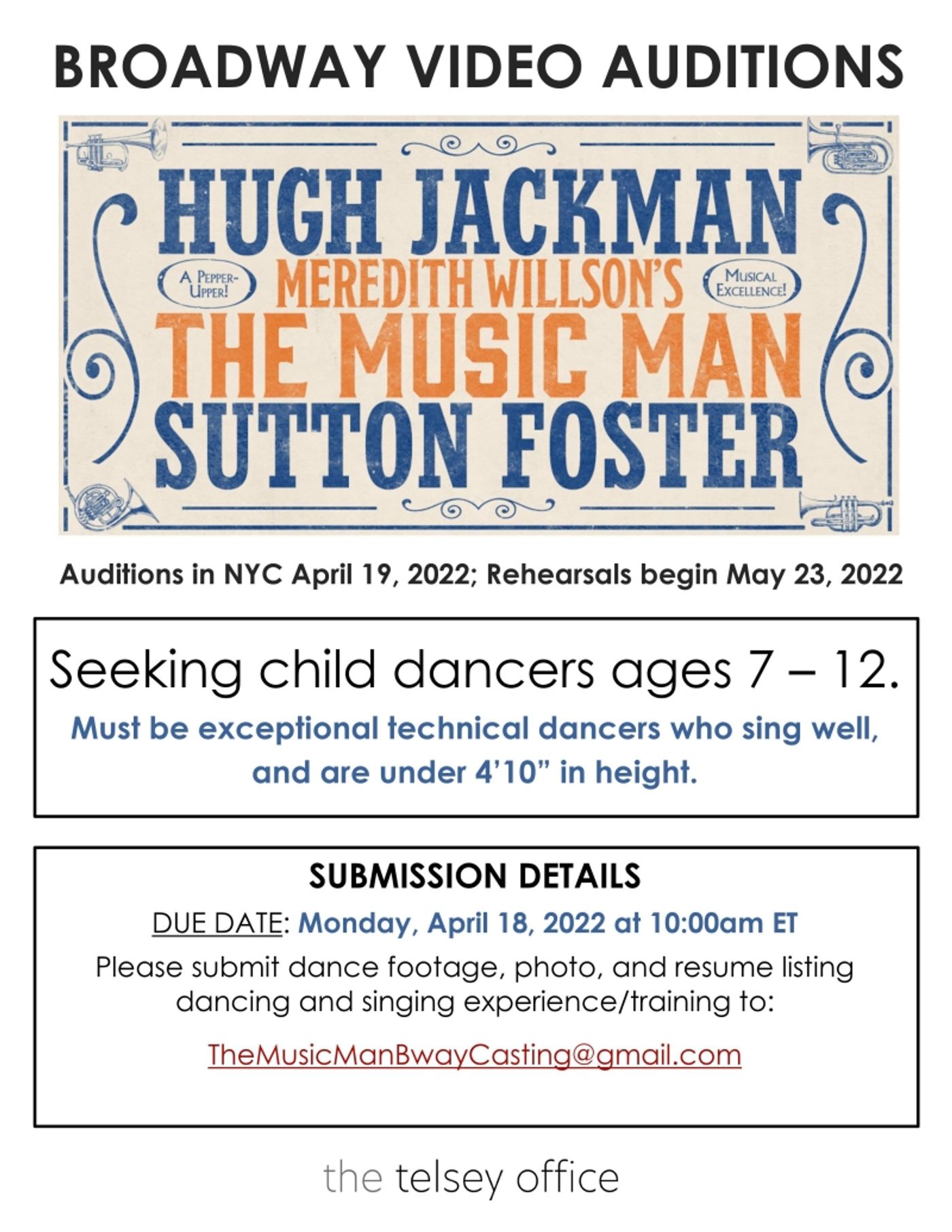 THE MUSIC MAN is Accepting Submissions for Child Dancers THE MUSIC MAN is Accepting Submissions for Child Dancers Image