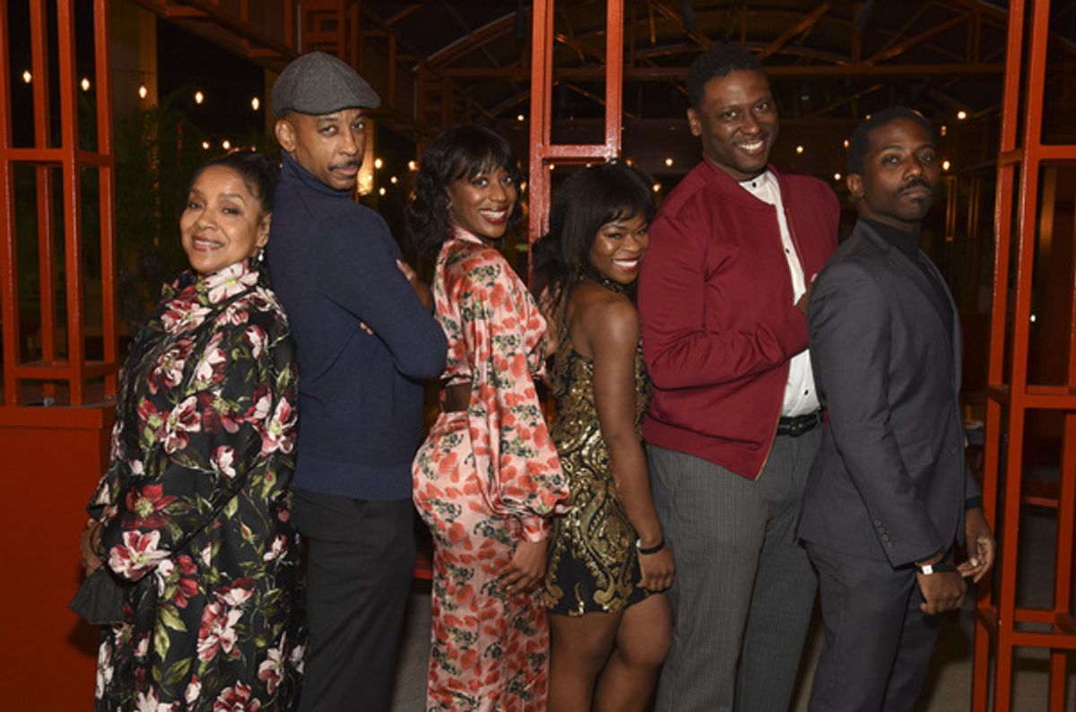 From left, director Phylicia Rashad, cast members Joe Holt, Kim Steele, Nija Okoro, Greg Alverez Reid and Dennis Pearson during the company celebration after the opening night performance of ?Blues fo at 