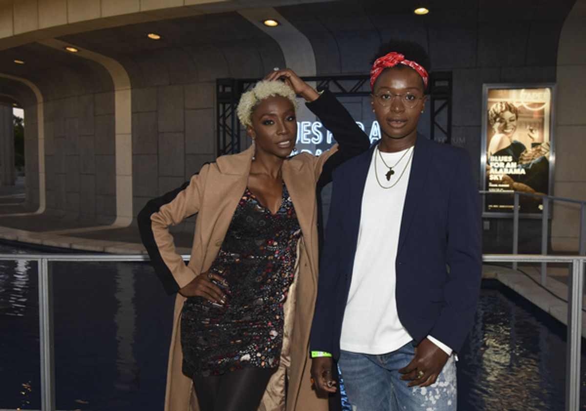 From left, actors Angelica Ross and Folake Olowofoyeku arrive for the opening night performance of ?Blues for an Alabama Sky? at Center Theatre Group/Mark Taper Forum on April 13, 2022, in Los Angeles at Photos: BLUES FOR AN ALABAMA SKY Opens At Center Theatre Group/Mark Taper Forum