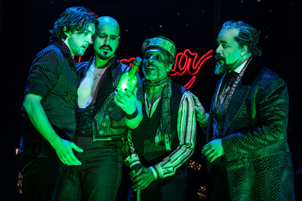Conor Ryan as Christian, Gabe MartÍnez as Santiago, André Ward as Toulouse-Lautrec and Austin Durant as Harold Zidler in the North American Tour of Moulin Rouge! The Musical at 