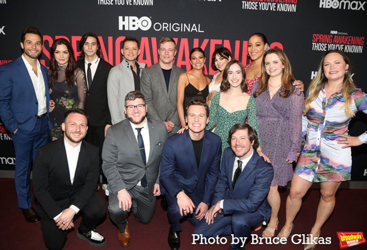 L-R Back Row) Skylar Astin, Jennifer Damiano, Gideon Glick, Robert Hager, Jonathan B. Wright, Lea Michele, Krysta Rodriguez, Remy Zaken, Lilli Cooper, Phoebe Strole and Lauren Pritchard, (L-R Front Row) Gerard Canonico, Brian Charles Johnson, Jonathan Groff and John Gallagher Jr at 