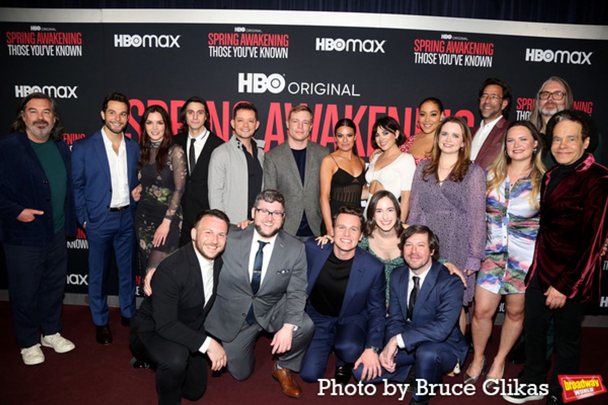 (L-R Back Row) Duncan Sheik, Skylar Astin, Jennifer Damiano, Gideon Glick, Robert Hager, Jonathan B. Wright, Lea Michele, Krysta Rodriguez, Lilli Cooper, Phoebe Strole, Producer Dave Sirulnick,Director Michael John Warren, Lauren Pritchard and Steven Sater (L-R Front Row) Gerard Canonico, Brian Charles Johnson, Jonathan Groff, Remy Zaken and John Gallagher Jr. at 