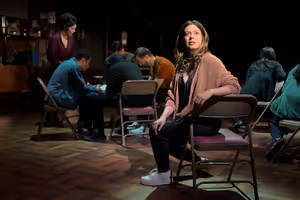 (foreground) Margo Seibert,(background, standing) Isabel Santiago, (seated) J.D. Mollison, Justin Gregory Lopez, Adam Bashian, and Alex Gibson @ BroadwayWorld (foreground) Margo Seibert,(background, standing) Isabel Santiago, (seated) J.D. Moll Photo