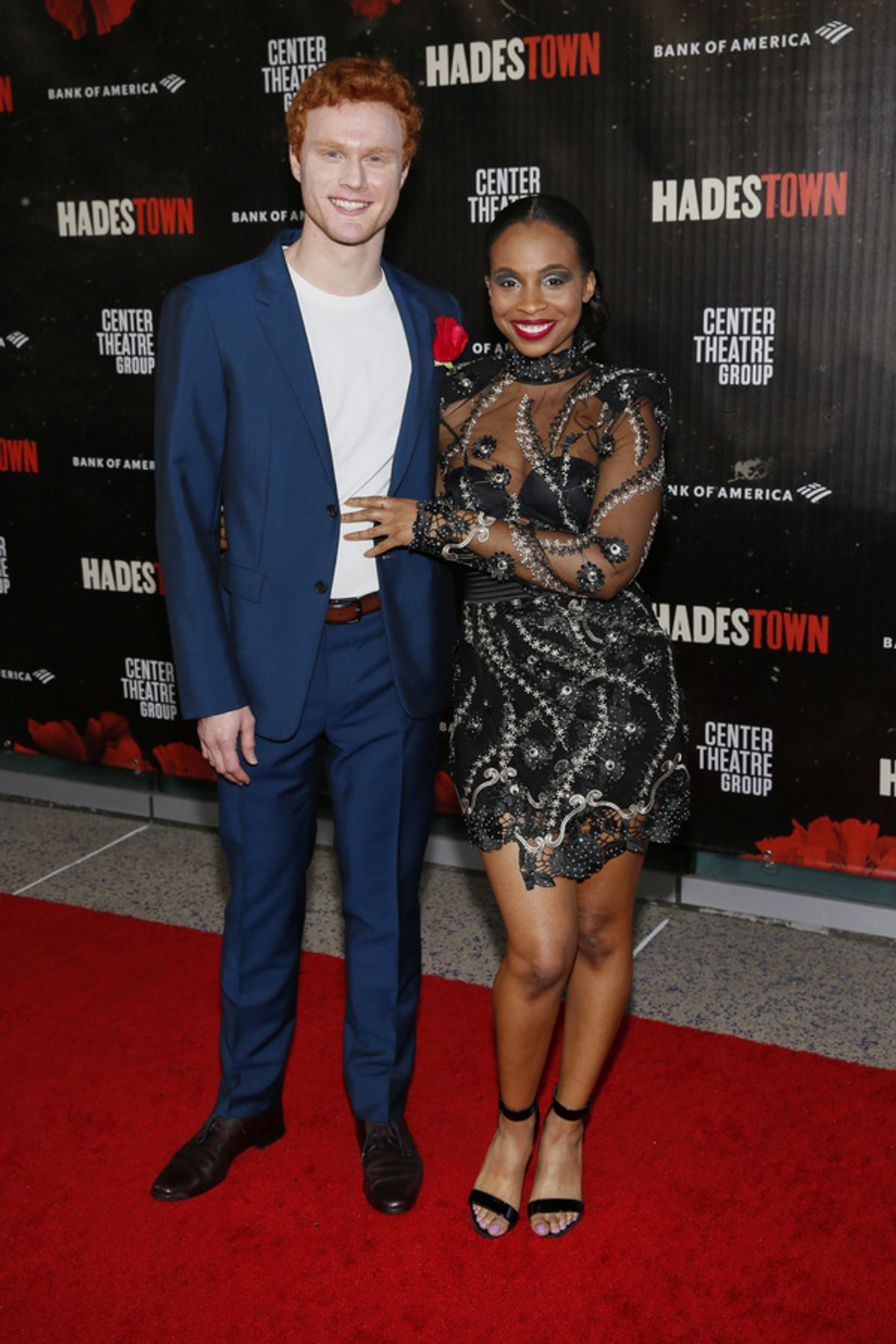 From left, cast members Nicholas Barasch and Morgan Siobhan Green arrive for the opening night performance of ?Hadestown? at Center Theatre Group/Ahmanson Theatre on April 27, 2022, in Los Angeles, Ca at 