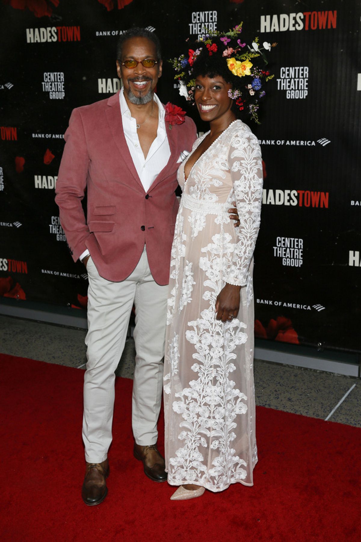 From left, cast members Kevyn Morrow and Kimberly Marable arrive for the opening night performance of ?Hadestown? at Center Theatre Group/Ahmanson Theatre on April 27, 2022, in Los Angeles, California at 