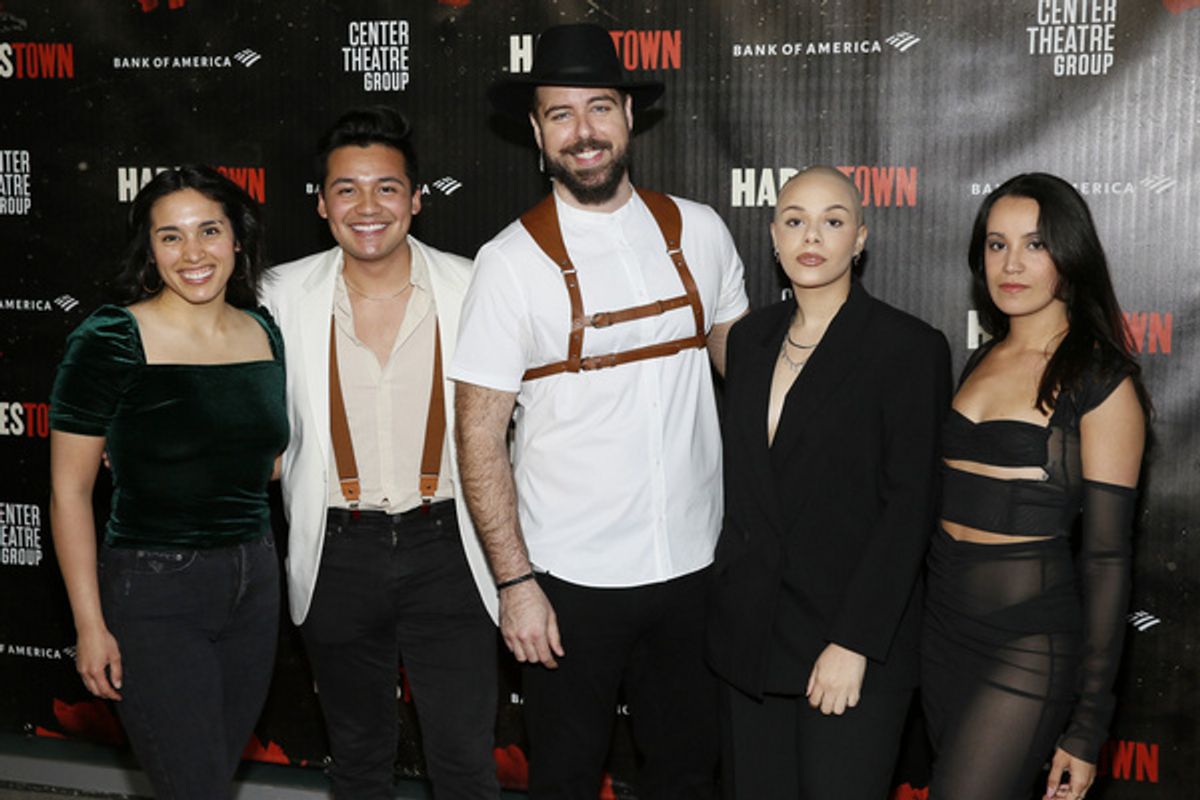 From left, cast members Bel n Moyano, J. Antonio Rodriguez, Eddie Noel Rodr guez, Alex Lugo and Sydney Parra arrive for the opening night performance of ?Hadestown? at Center Theatre Group/Ahmanson Th at 