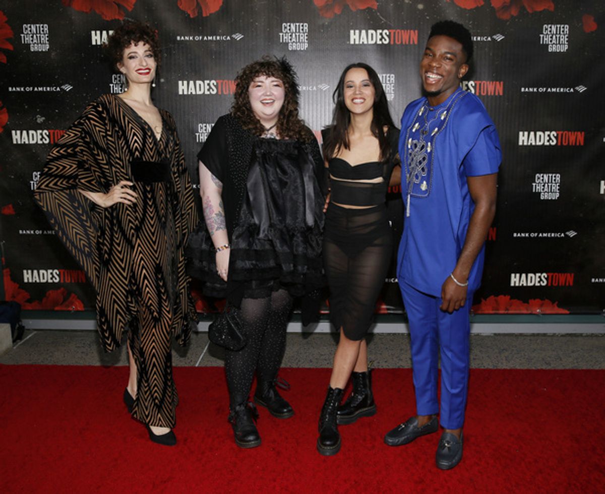 From left, cast member Bex Odorisio, guitarist Michiko Egger, cast members Sydney Parra and Chibueze Ihuoma arrive for the opening night performance of ?Hadestown? at Center Theatre Group/Ahmanson The at 