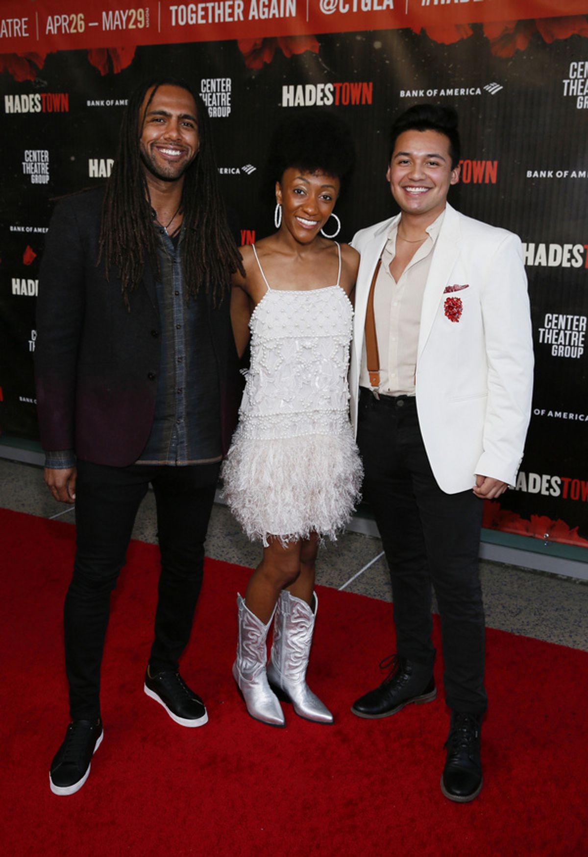 From left, cast members Marquis Wood, Tyla Collier and J. Antonio Rodriguez arrive for the opening night performance of ?Hadestown? at Center Theatre Group/Ahmanson Theatre on April 27, 2022, in Los A at 