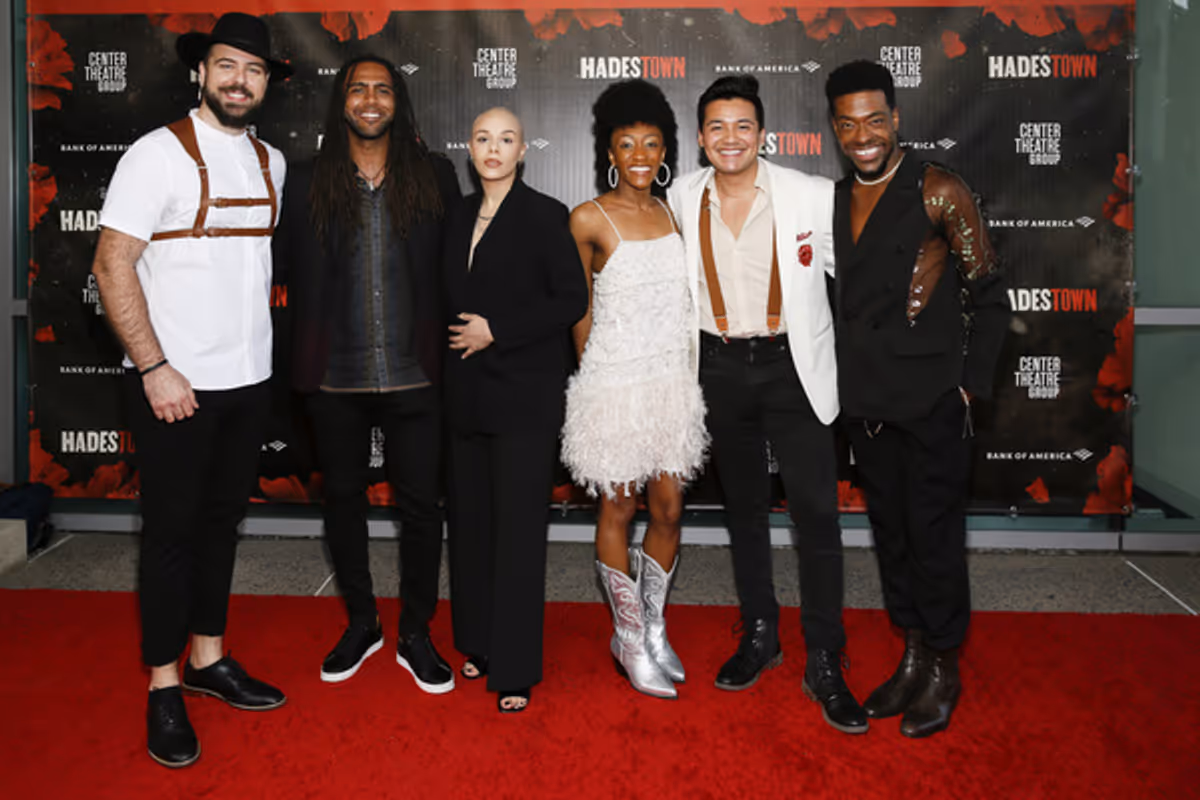 Cast members Eddie Noel Rodr guez, Marquis Wood, Alex Lugo, Tyla Collier, J. Antonio Rodriguez and Ian Coulter-Buford arrive for the opening night performance of ?Hadestown? at Center Theatre Group/Ah at 