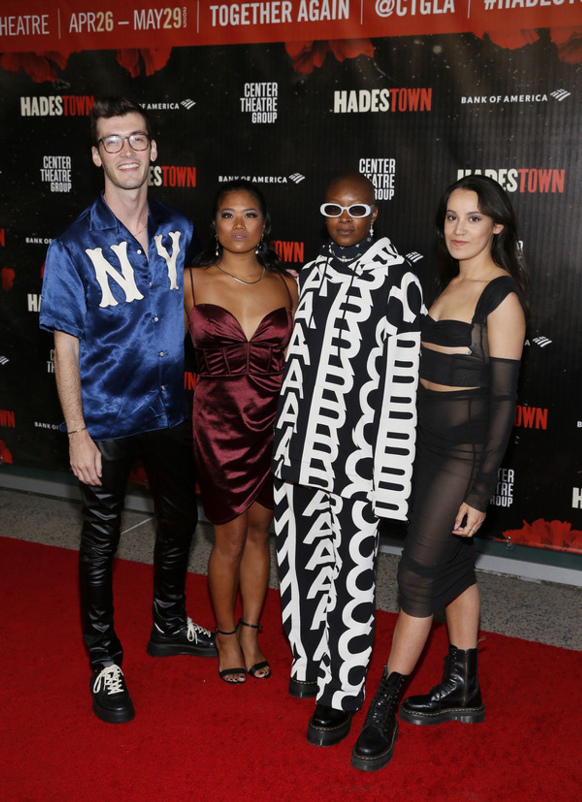 From left, musician Jacob Yates, cast members Shea Renne, Lindsey Hailes and Sydney Parra arrive for the opening night performance of ?Hadestown? at Center Theatre Group/Ahmanson Theatre on April 27,  at 