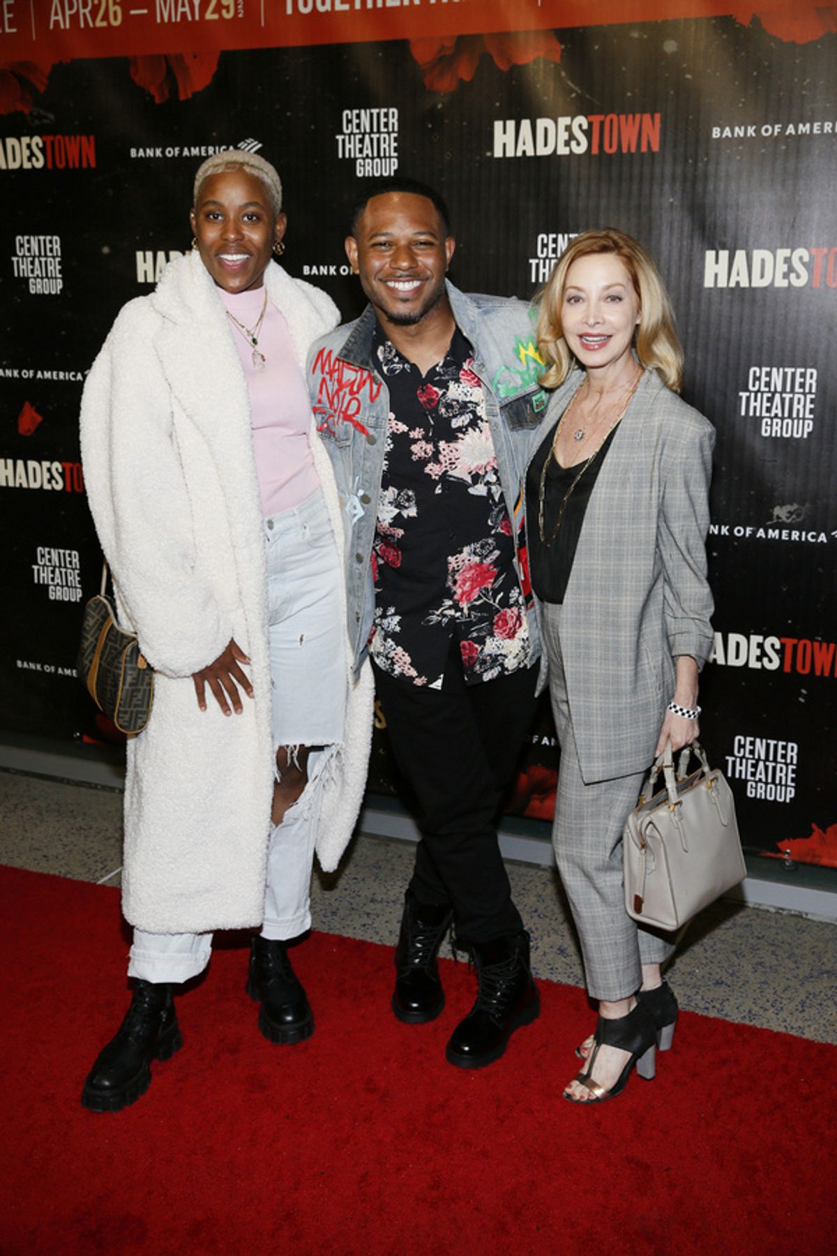 From left, actors Jerrie Johnson, Larry Powell and Sharon Lawrence arrive for the opening night performance of ?Hadestown? at Center Theatre Group/Ahmanson Theatre on April 27, 2022, in Los Angeles, C at 