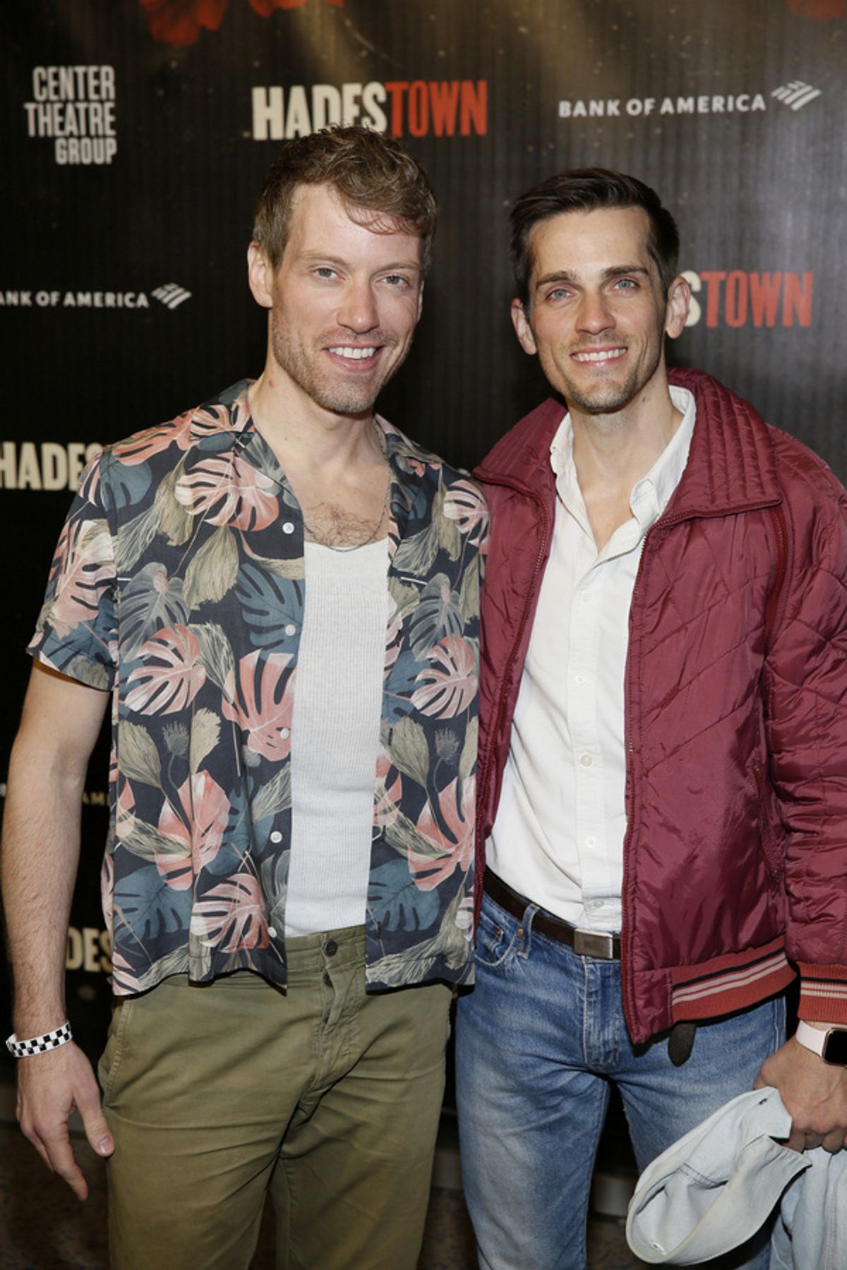 From left, actor Barrett Foa and Andrew Urankar arrive for the opening night performance of ?Hadestown? at Center Theatre Group/Ahmanson Theatre on April 27, 2022, in Los Angeles, California. (Photo b at 