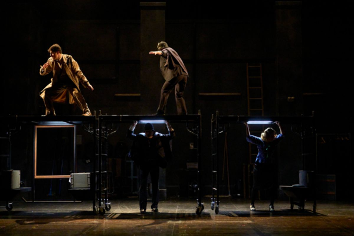 The pursuit continues in the Great Lakes Theater production of Alfred Hitchcock’s THE 39 STEPS at the Hanna Theatre, Playhouse Square running through May 22. (Photo by Roger Mastroianni) (actors from L-R, Anthony Michael Martinez*, Joe Wegner*, Maggie Kettering* and Betsy Mugavero*) at 