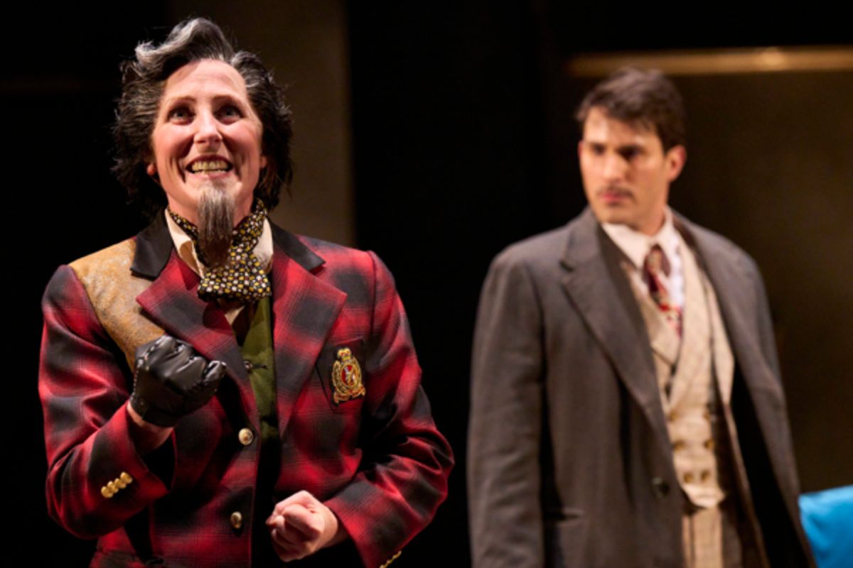 The Professor (actor, Maggie Kettering*) revels in his brilliance as Hannay (actor, Anthony Michael Martinez*) looks on in the Great Lakes Theater production of Alfred Hitchcock’s at the Hanna Theatre, Playhouse Square running through May 22 (Photo by Roger Mastroianni) at 