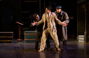 Hannay (actor, Anthony Michael Martinez*) is caught by the “police” (actors L-R, Maggie Kettering* and Joe Wegner*) in the Great Lakes Theater production of Alfred Hitchcock’s THE 39 STEPS at the Hanna Theatre, Playhouse Square running through May 22. (Photo by Roger Mastroianni) @ BroadwayWorld Hannay (actor, Anthony Michael Martinez*) is caught by the “police” (actors L-R, Photo