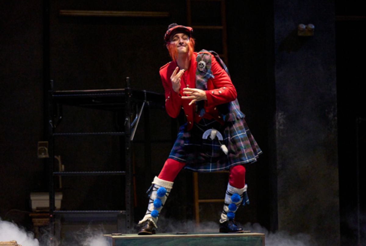 The innkeeper (actor, Joe Wegner*) entertains his guests in the Great Lakes Theater production of Alfred Hitchcock’s THE 39 STEPS at the Hanna Theatre, Playhouse Square running through May 22. (Photo by Roger Mastroianni) at 