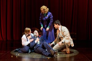 Mr. Memory (actor, Joe Wegner*) gives one last performance as the others (actors L-R, Maggie Kettering*, Betsy Mugavero* and Anthony Michael Martinez*) look on in the Great Lakes Theater production of Alfred Hitchcock’s THE 39 STEPS at the Hanna Theatre, Playhouse Square running through May 22. (Photo by Roger Mastroianni) @ BroadwayWorld Mr. Memory (actor, Joe Wegner*) gives one last performance as the others (actors L-R, Photo