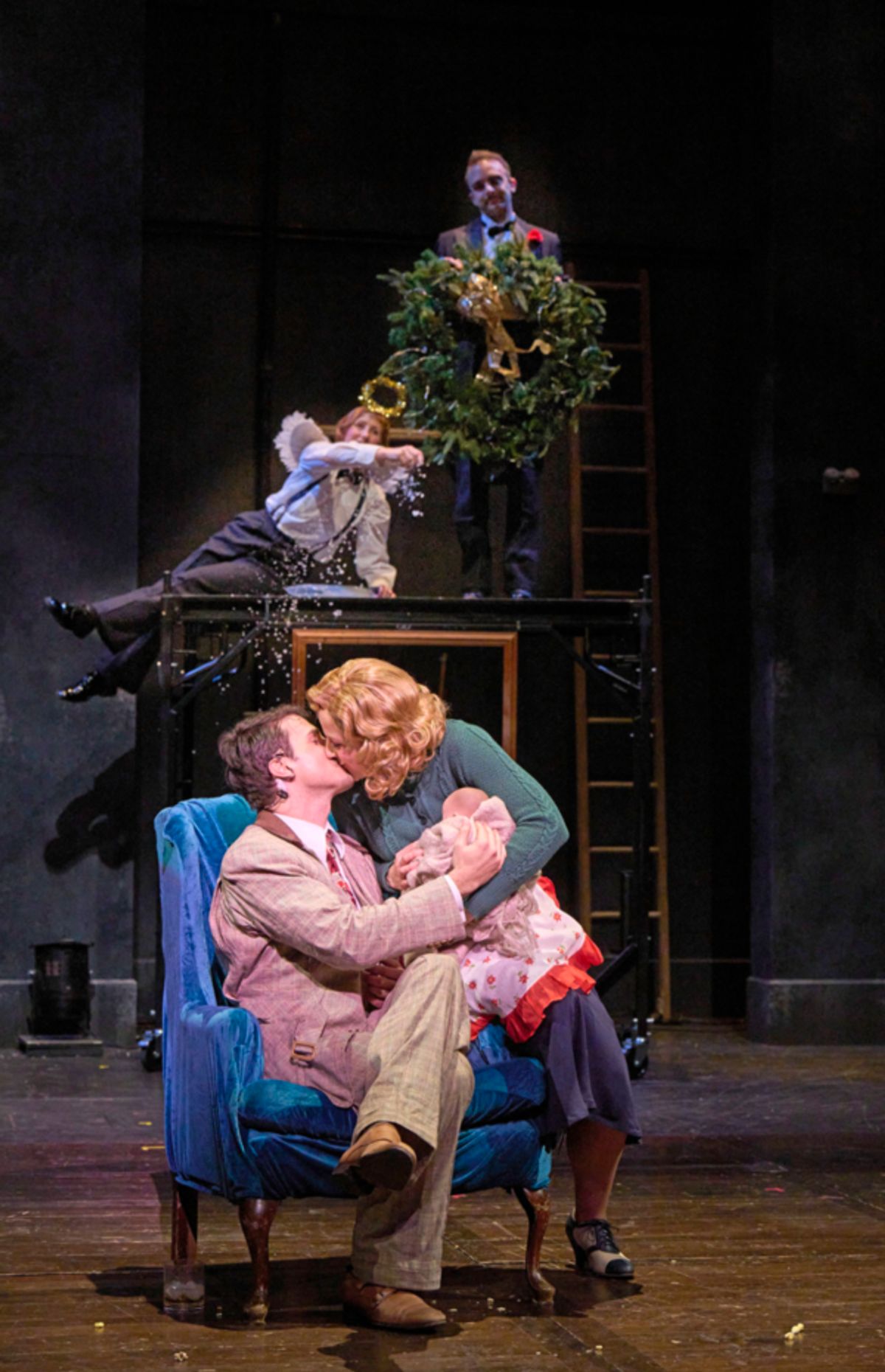 Hannay (actor, Anthony Michael Martinez*) and Pamela (actor, Betsy Mugavero*) share a kiss as the clowns (actors L - R, Maggie Kettering* and Joe Wegner*) look on in the Great Lakes Theater production of Alfred Hitchcock's THE 39 STEPS at the Hanna Theatre, Playhouse Square running through May 22. (Photo by Roger Mastroianni) at 