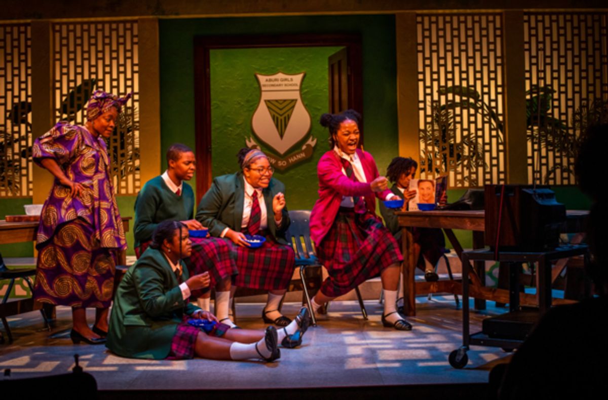 Ontario Kim Wilson, Jessica Money, Imani Moss, Arielle Faye Telemaco-Beane, Adaeze Nwoko, and Morgan Charece Hall in SCHOOL GIRLS; OR, THE AFRICAN MEAN GIRLS PLAY at Arden Theatre Company. Photo credits: Wide Eyed Studios at 
