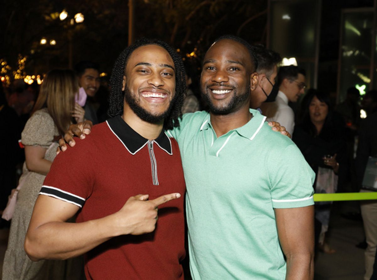 From left, cast members Tyler Fauntleroy and W. Tr  Davis during the champagne toast on opening night of the World premiere production of ?Tambo & Bones? at Center Theatre Group?s Kirk Douglas Theatre at 
