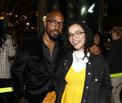 From left, playwright Dave Harris and director Taylor Reynolds during the champagne t Photo