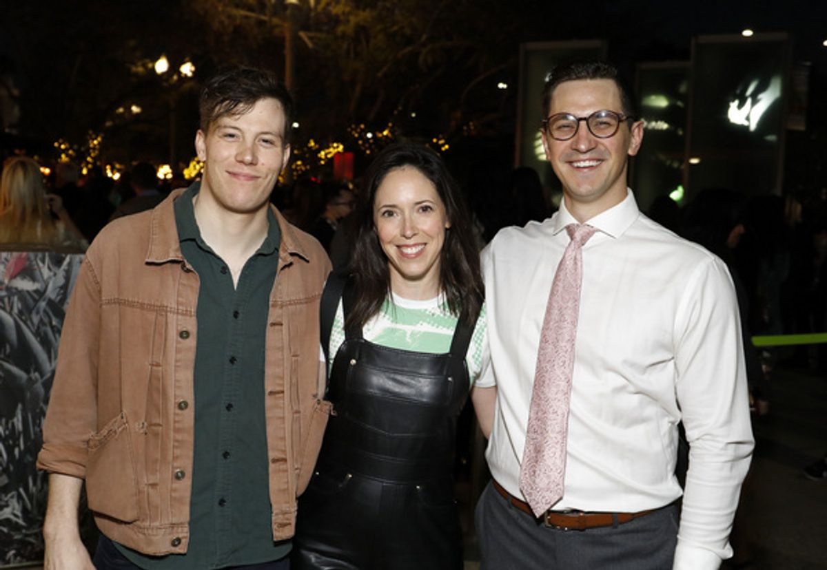 From left, cast member Alexander Neher, Center Theatre Group Associate Artistic Director Lindsay Allbaugh and cast member Tim Kopacz during the champagne toast on opening night of the World premiere p at 