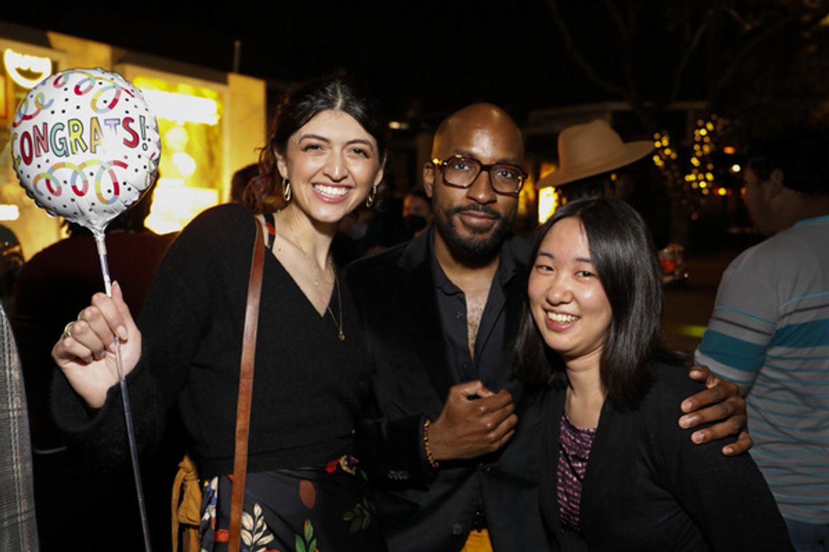From left, designer Mextly Couzin, playwright Dave Harris and designer Megumi Katayama during the champagne toast on opening night of the World premiere production of ?Tambo & Bones? at Center Theatre at 