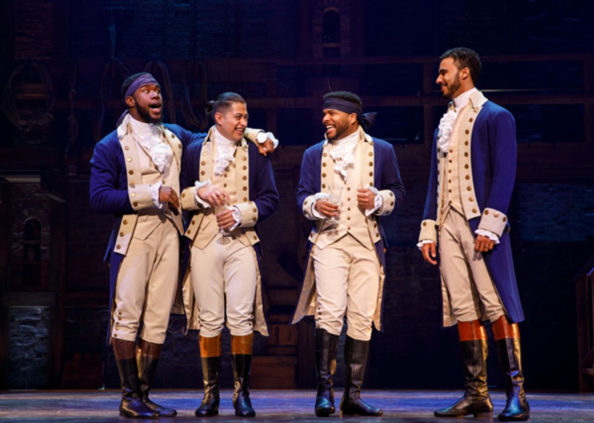 Chaundre Hall Broomfield, Ruben J. Carbajal, Bryson Bruce, and Auston Scott in the Angelica National Tour of Hamilton.
Photo Credits: Joan Marcus.  at 
