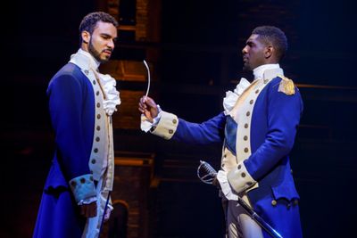 Austin Scott & Carvens Lissaint in the Angelica National Tour of Hamilton. 
Photo Cre Photo