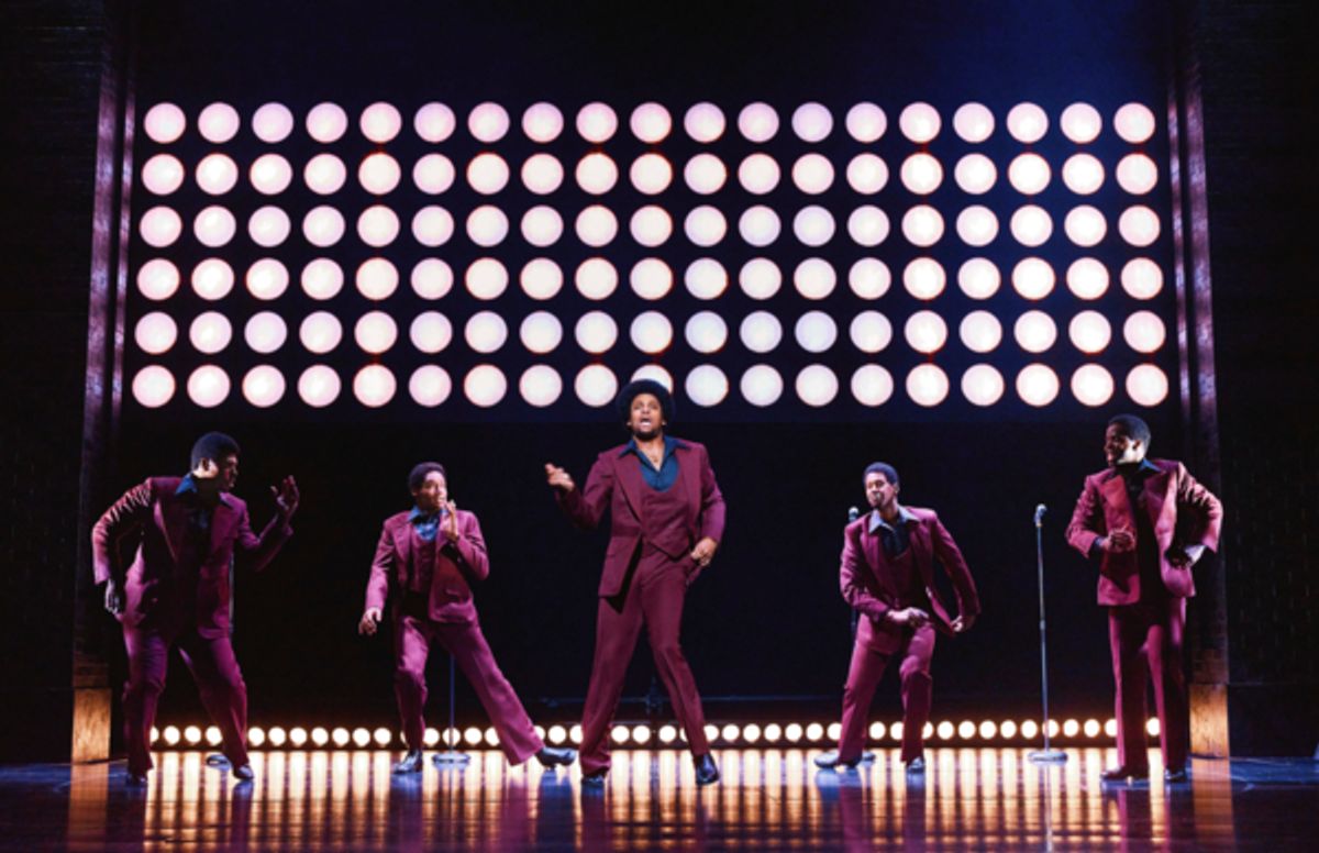 (L "R)-Harrell Holmes Jr., Jalen Harris, Harris Matthew, Marcus Paul James, James T. Lane from the National Touring Company of Ain’t Too Proud. Photo Credits: © 2021 Emilio Madrid. at 