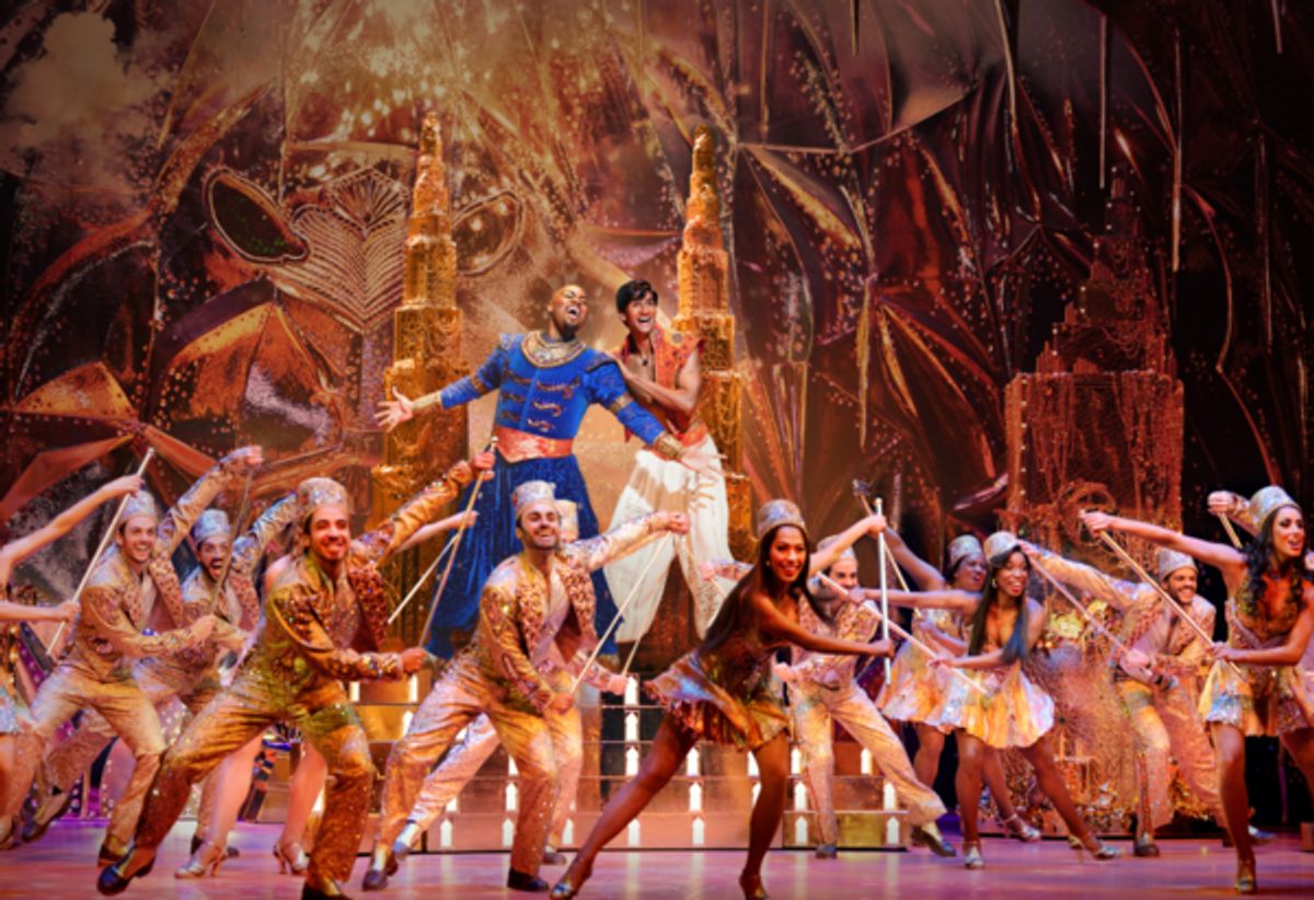 Michael James Scott (Genie) and Michael Maliakel (Aladdin) in Aladdin on Broadway. Photo Credits: Matthew Murphy.  at 