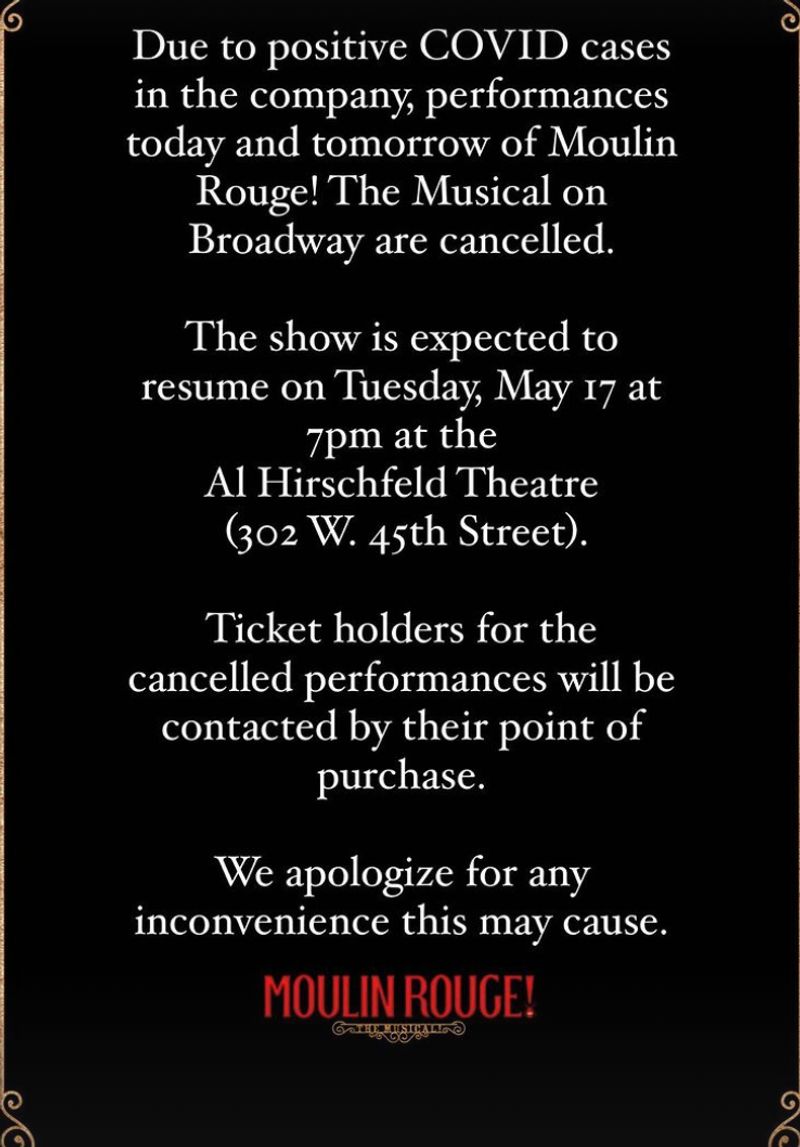 MOULIN ROUGE! THE MUSICAL Cancels May 14th and 15th Performances Due to Covid Within Cast Image