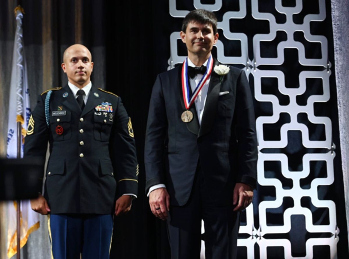 Lawrence O'Connor (R) is honored at the 35th Anniversary Ellis Island Medals of Honor at Ellis Island on May 14, 2022 in New York City. (Photo by Noam Galai/Getty Images for Ellis Island Honors Society) at Photos: Ellis Island Honors Society Hosts 35th Annual Awards Ceremony