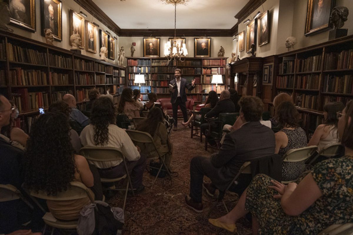 Guests listen to Langman read from Standby in the historic   Player''s library. at Photos: Book Release Party Celebrates New Philosophy Of Design For The Stage