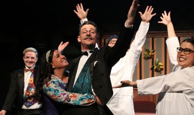 The song "Mr. Cladwell," in New Line Theatre's URINETOWN, 2022. Photo credit: Jill Ri Photo