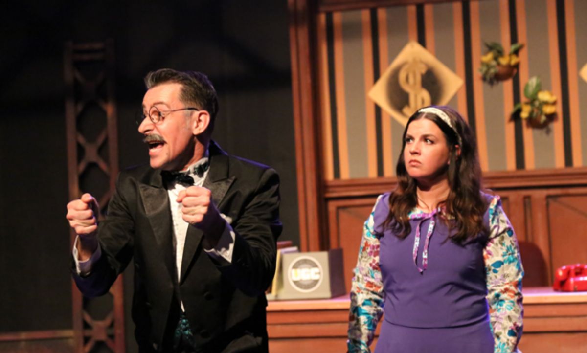 Mr. Cladwell (Todd Schaefer) singing 'Don't Be the Bunny' to his daughter Hope (Melissa Felps), in New Line Theatre's URINETOWN, 2022. Photo credit: Jill Ritter Lindberg.
 at 
