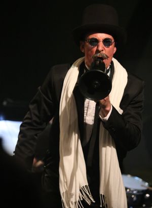 Mr. Cladwell (Todd Schaefer) threatens the Rebels in the Act I finale of New Line Theatre's URINETOWN, 2022. Photo credit: Jill Ritter Lindberg.
@ BroadwayWorld Mr. Cladwell (Todd Schaefer) threatens the Rebels in the Act I finale of New Line The Photo