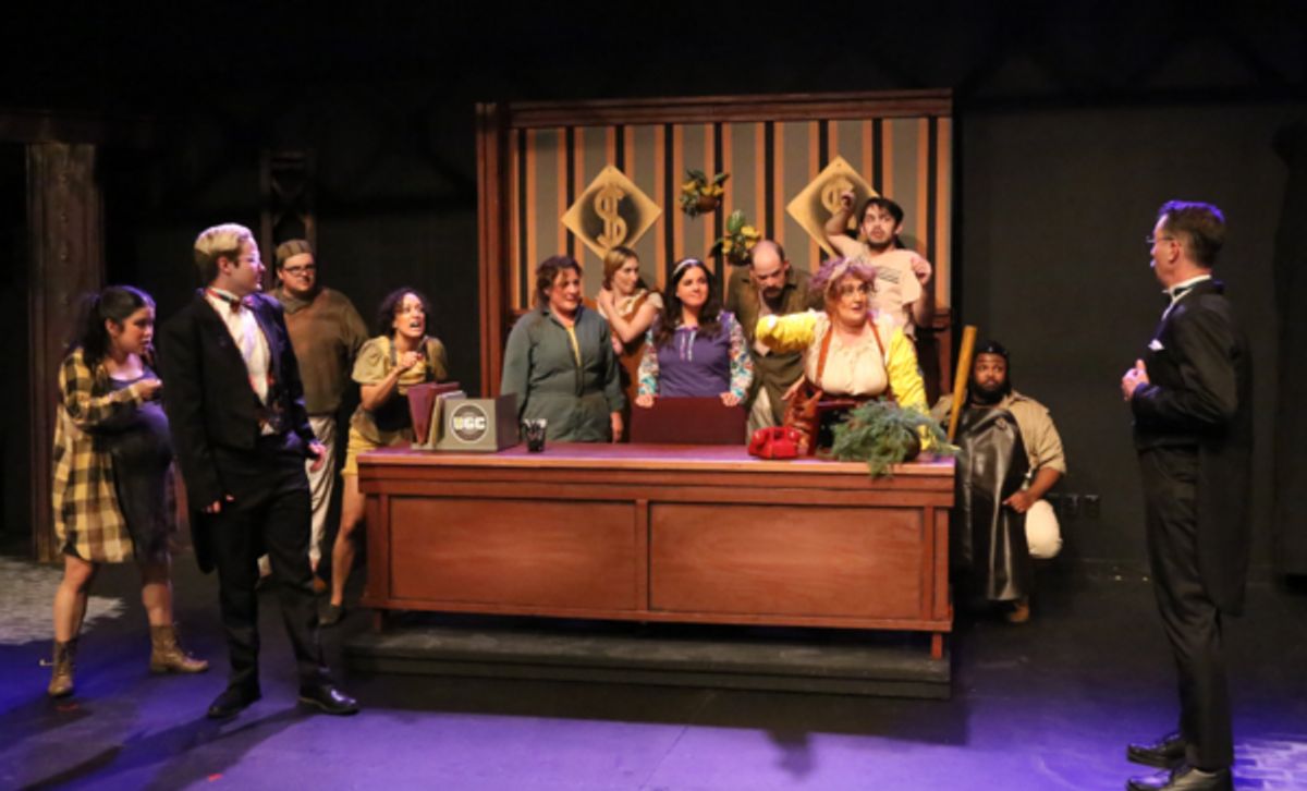 The Rebels confront Cladwell in the UGC offices, in New Line Theatre's URINETOWN, 2022. Photo credit: Jill Ritter Lindberg. at Photos: First Look at New Line Theatre's URINETOWN