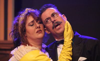 Pennywise (Sarah Gene Dowling) and Cladwell (Todd Scahefer) remember the old days, in Photo