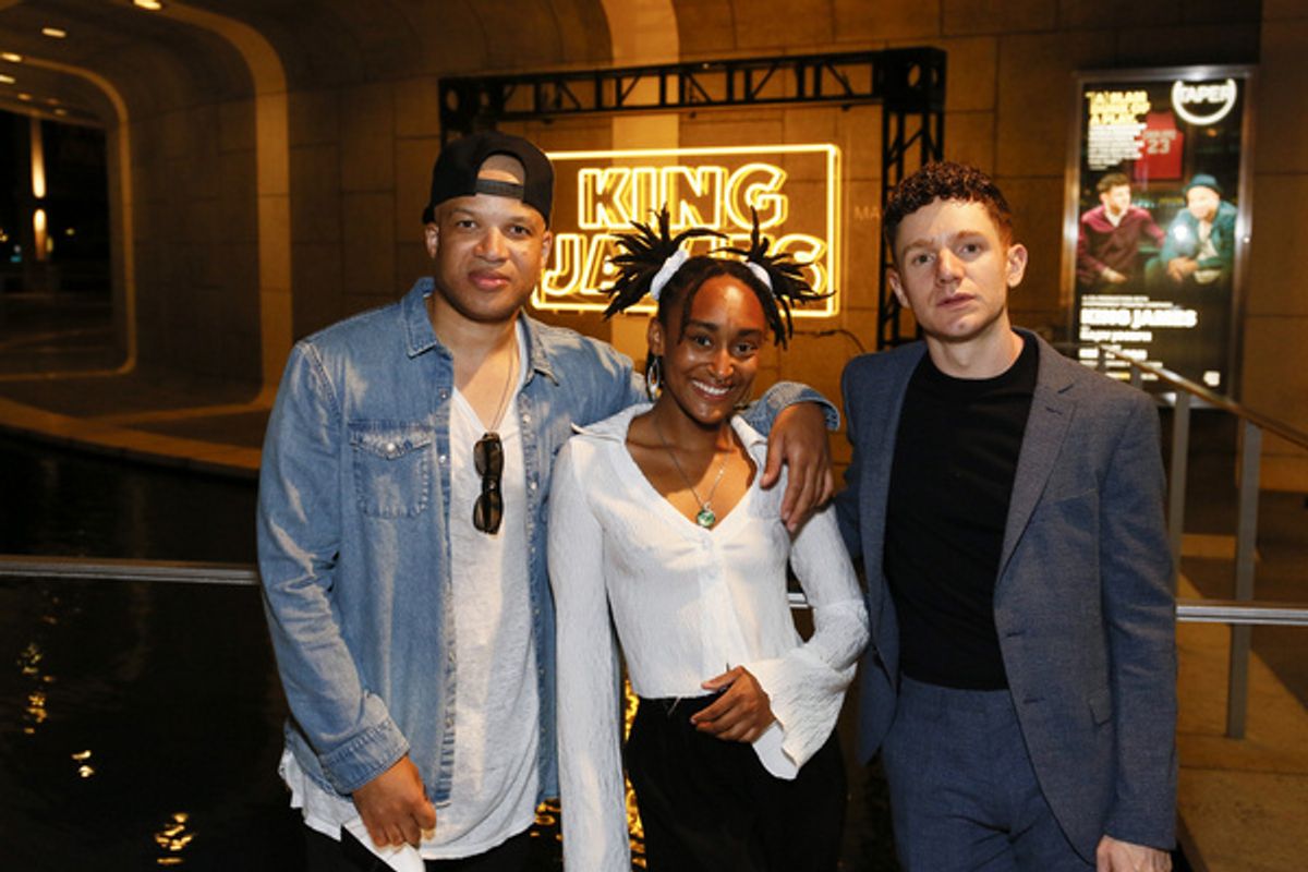 From left, cast members Glenn Davis, Khloe Janel and Chris Perfetti after the opening night performance of ?King James? at Center Theatre Group/Mark Taper Forum on June 8, 2022, in Los Angeles, Califo at 