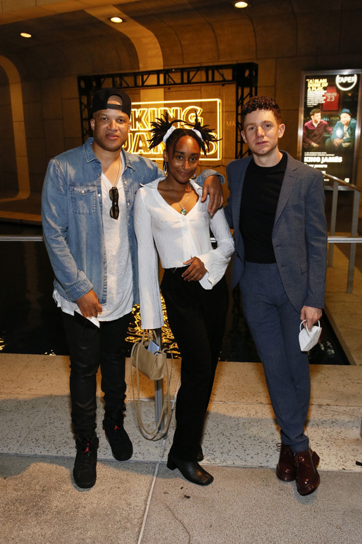From left, cast members Glenn Davis, Khloe Janel and Chris Perfetti after the opening night performance of ?King James? at Center Theatre Group/Mark Taper Forum on June 8, 2022, in Los Angeles, Califo at 