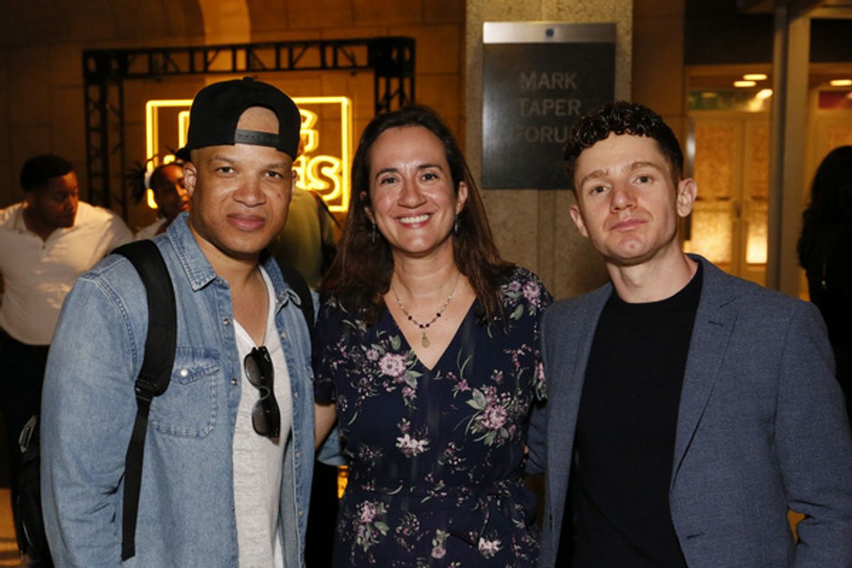 From left, cast member Glenn Davis, Center Theatre Group Managing Director/CEO Meghan Pressman and cast member Chris Perfetti after the opening night performance of ?King James? at Center Theatre Grou at 