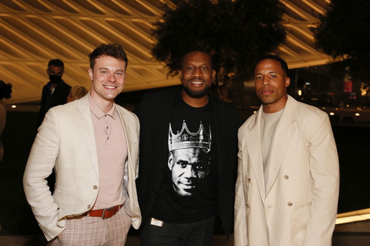 From left, company member Curtis Edward Jackson, Center Theatre Group Associate Artistic Director Tyrone Davis and company member Dante Alexander after the opening night performance of ?King James? at at 