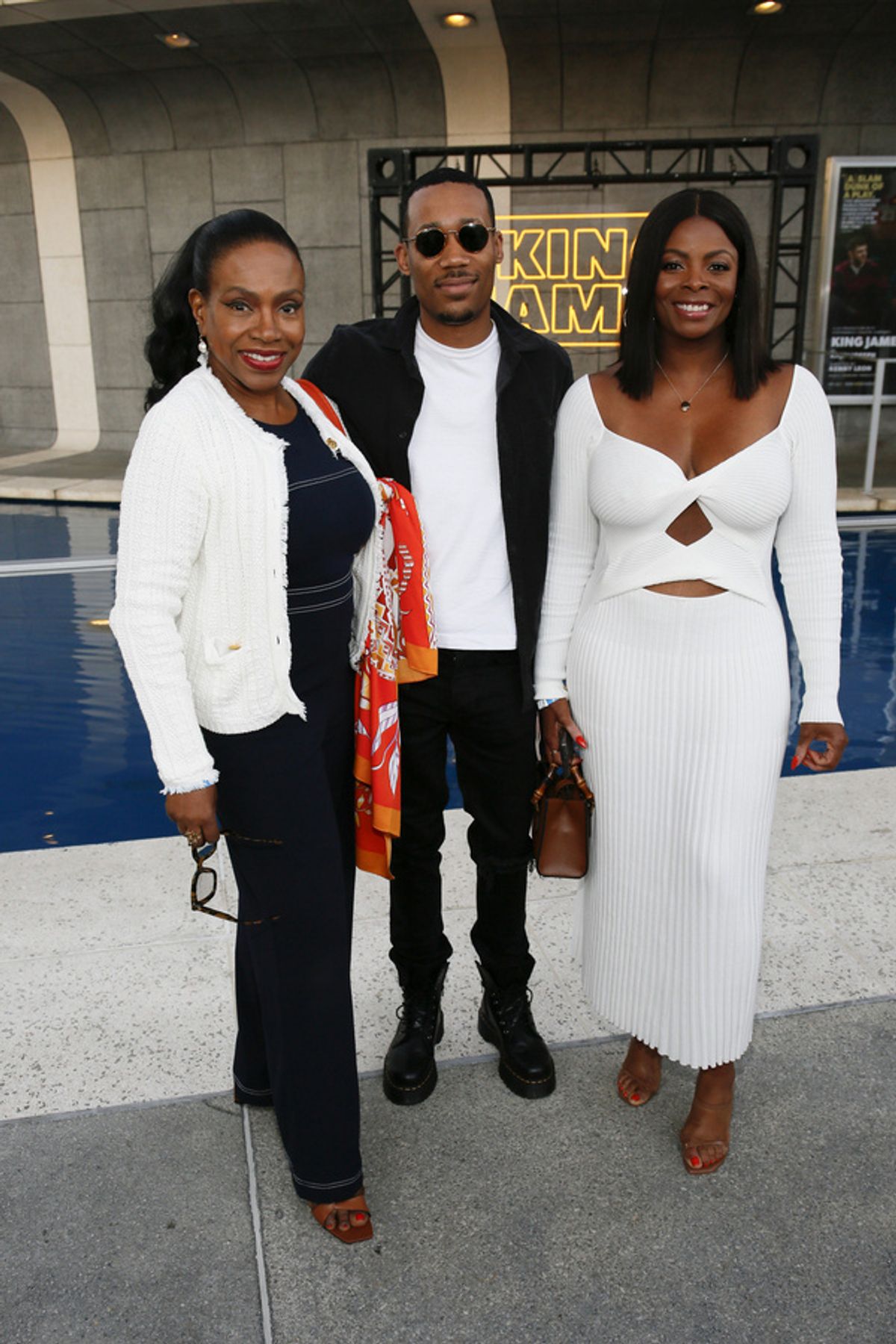 From left, actors Sheryl Lee Ralph, Tyler James Williams and Janelle James arrive before the opening night performance of ?King James? at Center Theatre Group/Mark Taper Forum on June 8, 2022, in Los  at 