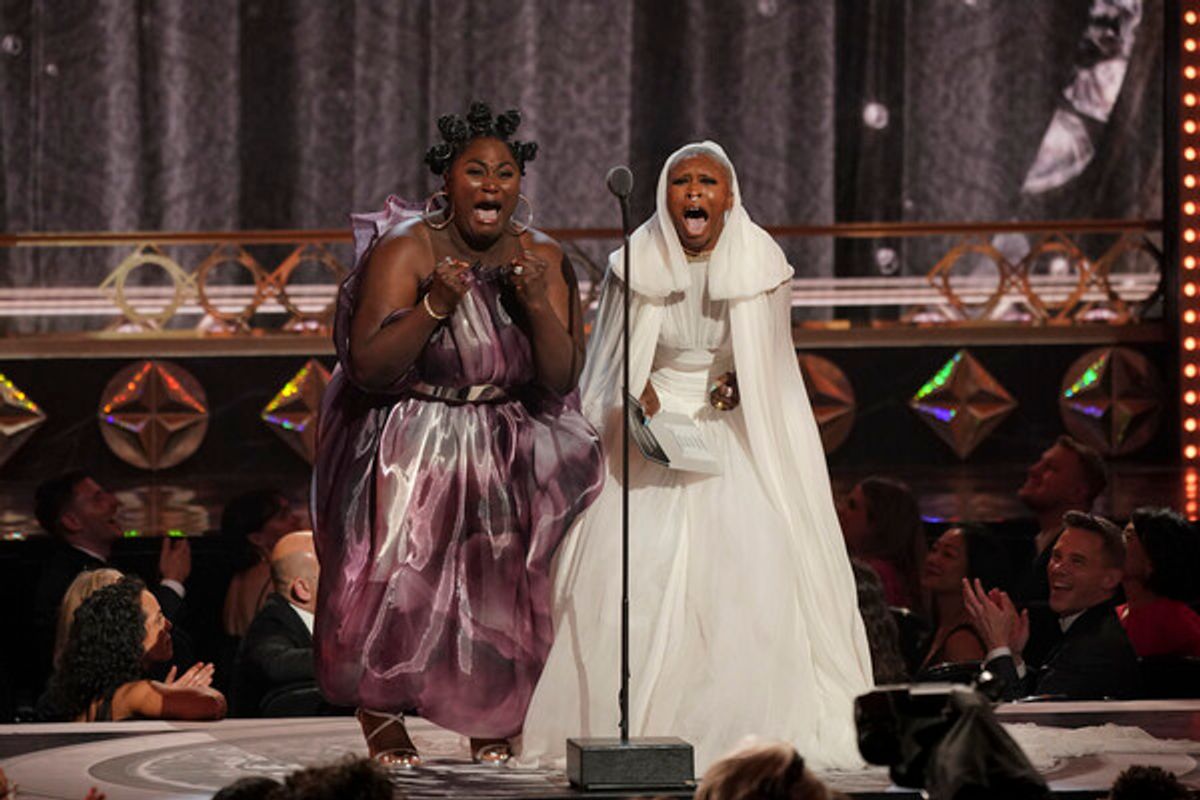 Danielle Brooks and Cynthia Erivo at THE 75TH ANNUAL TONY AWARDS, live from Radio City Music Hall in New York City, Sunday, June 12 on the CBS Television Network. Emmy Award winners Darren Criss and Julianne Hough co-host THE TONY AWARDS: ACT ONE, an hour of exclusive content streaming live only on Paramount+, followed by Academy Award winner and Tony Award nominee Ariana DeBose hosting THE 75TH ANNUAL TONY AWARDS.  Photo: Mary Kouw/CBS ©2022 CBS Broadcasting, Inc. All Rights Reserved  at 
