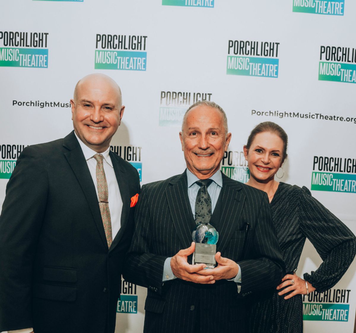 Porchlight Music Theatre Artistic Director Michael Weber, the 2022 Guy Adkins Award for Excellence in the Advancement of Music Theatre in Chicago Jim Corti and Porchlight Music Theatre Executive Director Jeannie Lukow  at 