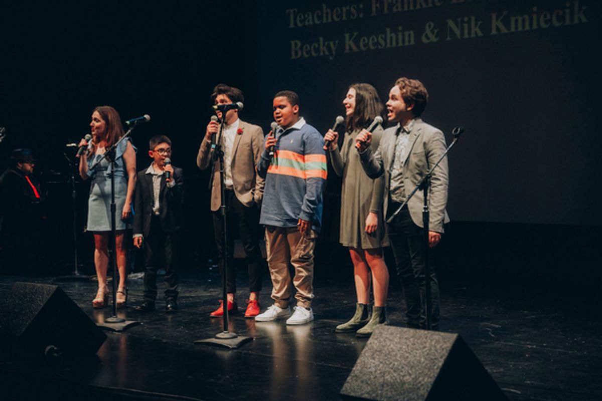  Students from Porchlight Music Theatre’s music classes (L to R) Mateo Martinez, Gabriel Lockhart and Celeste Kaplan join teaching artists (L to R) Becky Keeshin, Nik Kmiecik and Frankie Leo Bennett  at 
