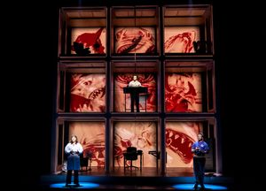 Candice Song Donehoo, Justin Keyes, and Napoleon M Douglas in Bruce at Seattle Rep.  Photo