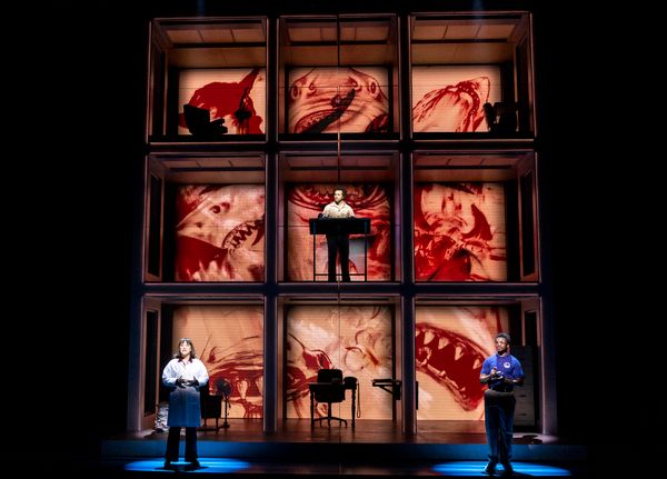Candice Song Donehoo, Justin Keyes, and Napoleon M Douglas in Bruce at Seattle Rep.  Photo